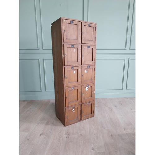 34 - 1950s stained pine bank of lockers {169 cm H x 63 cm W x 43 cm D}.