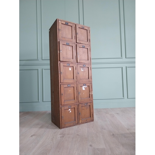 34 - 1950s stained pine bank of lockers {169 cm H x 63 cm W x 43 cm D}.