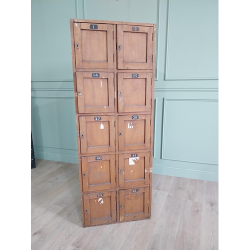 34 - 1950s stained pine bank of lockers {169 cm H x 63 cm W x 43 cm D}.