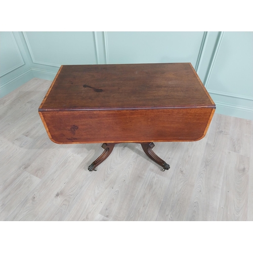 350 - 19th C. mahogany and satinwood drop leaf table raised on square pedestal, four outswept legs and bra... 