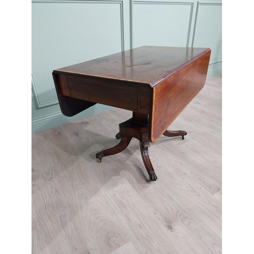 350 - 19th C. mahogany and satinwood drop leaf table raised on square pedestal, four outswept legs and bra... 