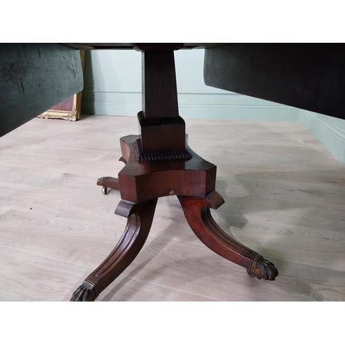 350 - 19th C. mahogany and satinwood drop leaf table raised on square pedestal, four outswept legs and bra... 