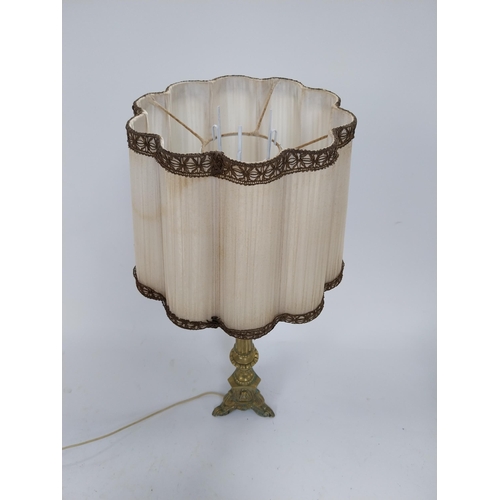 351 - Edwardian ecclesiastical brass table lamp with cloth shade {86 cm H x 32 cm Dia.}.