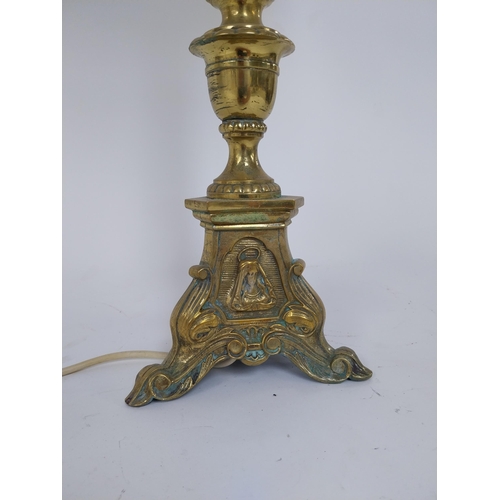 351 - Edwardian ecclesiastical brass table lamp with cloth shade {86 cm H x 32 cm Dia.}.