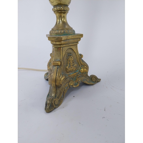 351 - Edwardian ecclesiastical brass table lamp with cloth shade {86 cm H x 32 cm Dia.}.