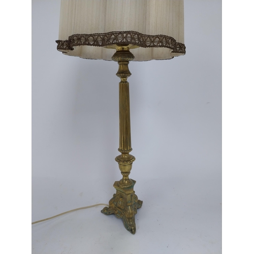 351 - Edwardian ecclesiastical brass table lamp with cloth shade {86 cm H x 32 cm Dia.}.