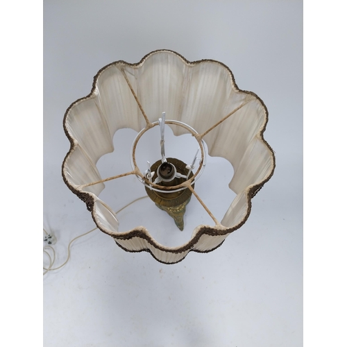 351 - Edwardian ecclesiastical brass table lamp with cloth shade {86 cm H x 32 cm Dia.}.