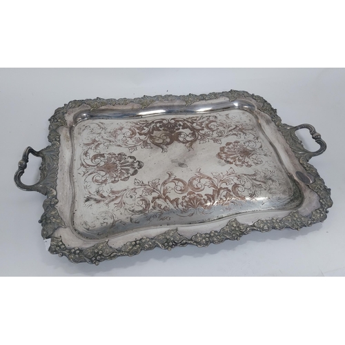 353 - Good quality early 20th C. silverplate serving tray decorated with grape vines presented to T. Hanra... 