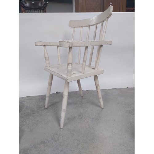 38 - Early 20th C. painted pine hedge chair raised on turned legs {91 cm H x 64 cm W x 55 cm D}.