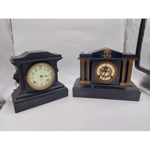 414 - Two 19th C. slate mantle clocks with enamel dials {30 cm H x 38 cm W x 16 cm D and 28 cm H x 29 cm W... 