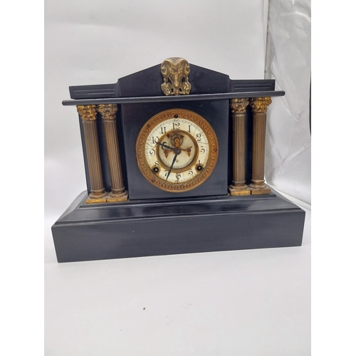 414 - Two 19th C. slate mantle clocks with enamel dials {30 cm H x 38 cm W x 16 cm D and 28 cm H x 29 cm W... 