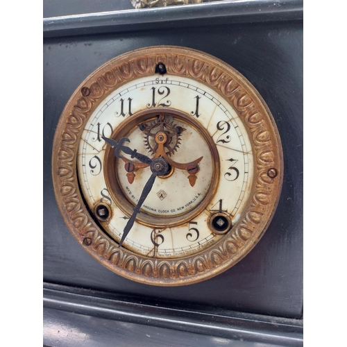 414 - Two 19th C. slate mantle clocks with enamel dials {30 cm H x 38 cm W x 16 cm D and 28 cm H x 29 cm W... 