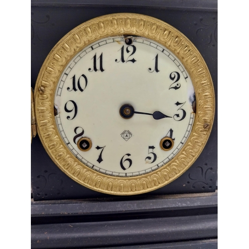414 - Two 19th C. slate mantle clocks with enamel dials {30 cm H x 38 cm W x 16 cm D and 28 cm H x 29 cm W... 