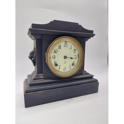 414 - Two 19th C. slate mantle clocks with enamel dials {30 cm H x 38 cm W x 16 cm D and 28 cm H x 29 cm W... 
