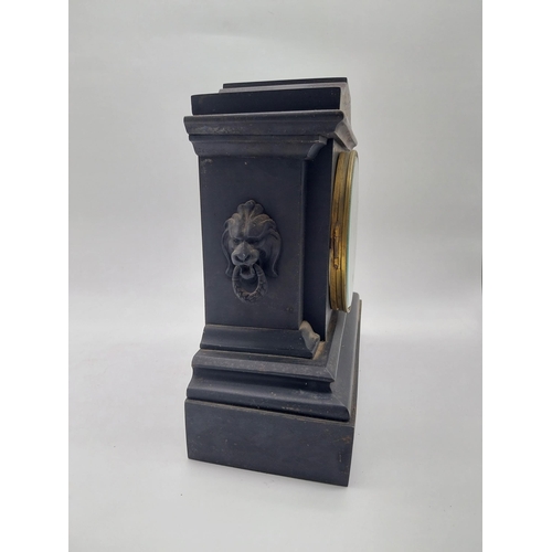 414 - Two 19th C. slate mantle clocks with enamel dials {30 cm H x 38 cm W x 16 cm D and 28 cm H x 29 cm W... 