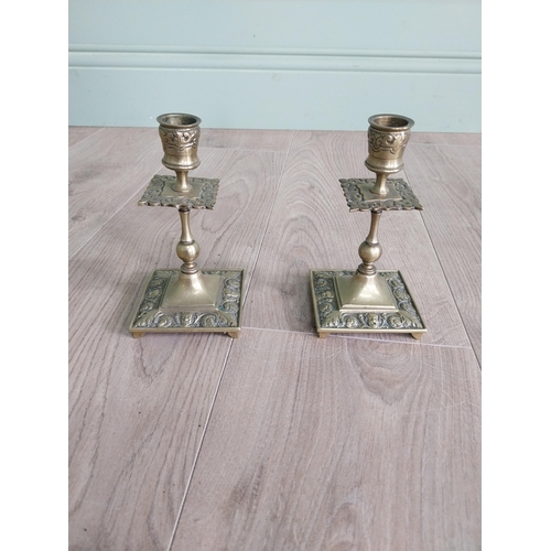 438 - Pair of decorative brass candlesticks in the Georgian style {17 cm H x 8 cm W x 8 cm D}.