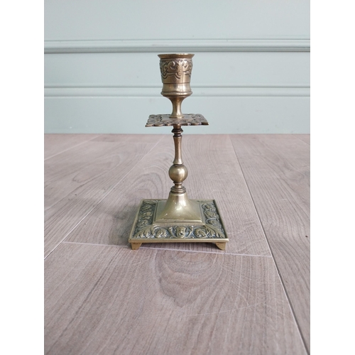 438 - Pair of decorative brass candlesticks in the Georgian style {17 cm H x 8 cm W x 8 cm D}.