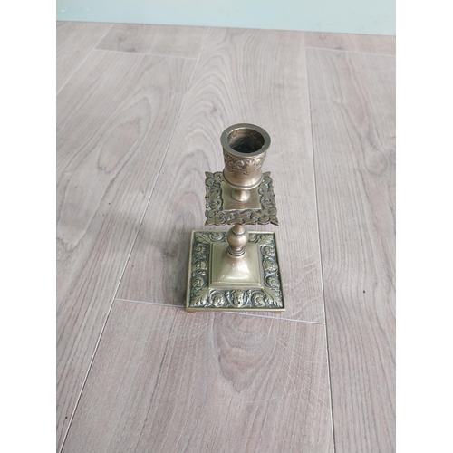 438 - Pair of decorative brass candlesticks in the Georgian style {17 cm H x 8 cm W x 8 cm D}.