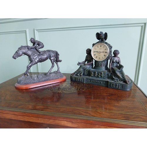 439 - Resin mantle clock decorated with Grecian ladies and a resin model of a Racing Horse {22 cm H x 30 c... 