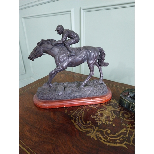 439 - Resin mantle clock decorated with Grecian ladies and a resin model of a Racing Horse {22 cm H x 30 c... 