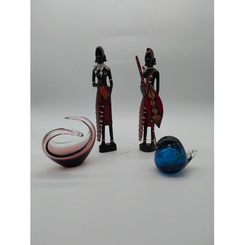 447 - Pair of hardwood African figures and two pieces of studio glass {30 cm H, 12 cm H and 9 cm H}.