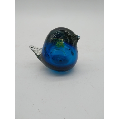 447 - Pair of hardwood African figures and two pieces of studio glass {30 cm H, 12 cm H and 9 cm H}.