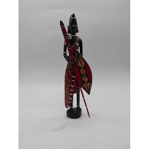 447 - Pair of hardwood African figures and two pieces of studio glass {30 cm H, 12 cm H and 9 cm H}.