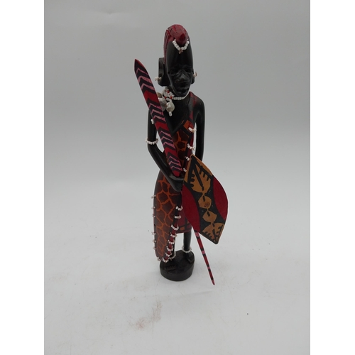 447 - Pair of hardwood African figures and two pieces of studio glass {30 cm H, 12 cm H and 9 cm H}.