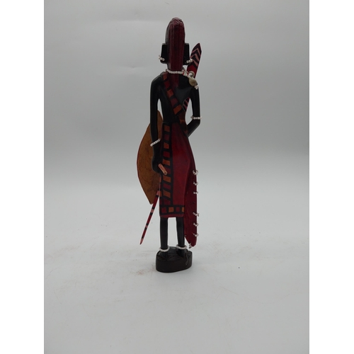 447 - Pair of hardwood African figures and two pieces of studio glass {30 cm H, 12 cm H and 9 cm H}.