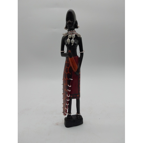 447 - Pair of hardwood African figures and two pieces of studio glass {30 cm H, 12 cm H and 9 cm H}.
