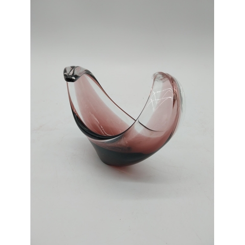 447 - Pair of hardwood African figures and two pieces of studio glass {30 cm H, 12 cm H and 9 cm H}.