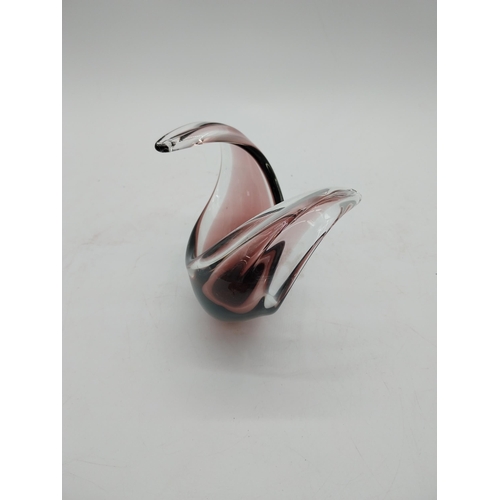 447 - Pair of hardwood African figures and two pieces of studio glass {30 cm H, 12 cm H and 9 cm H}.