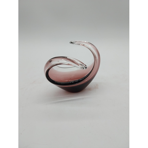 447 - Pair of hardwood African figures and two pieces of studio glass {30 cm H, 12 cm H and 9 cm H}.