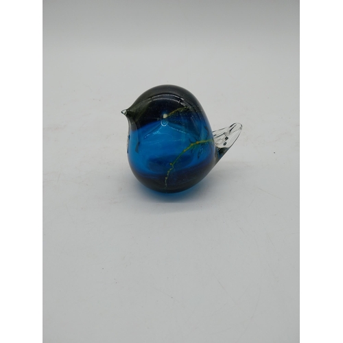 447 - Pair of hardwood African figures and two pieces of studio glass {30 cm H, 12 cm H and 9 cm H}.