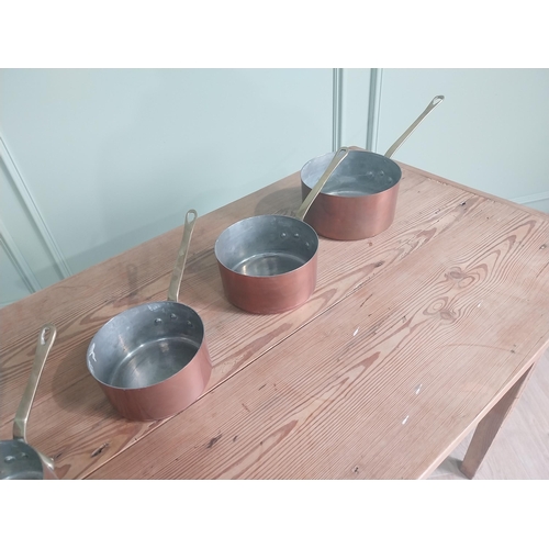 45 - Good quality early 20th C. set of French four graduated copper saucepans {16 cm H x 35 cm W x 18 cm ... 