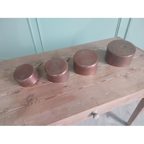 45 - Good quality early 20th C. set of French four graduated copper saucepans {16 cm H x 35 cm W x 18 cm ... 