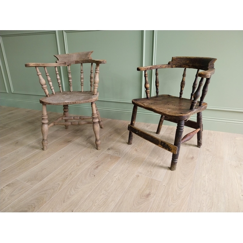 457 - Two early 20th C. ash and elm smokers bow in need of restoration {80 cm H x 70 cm W x 61 cm D and 77... 