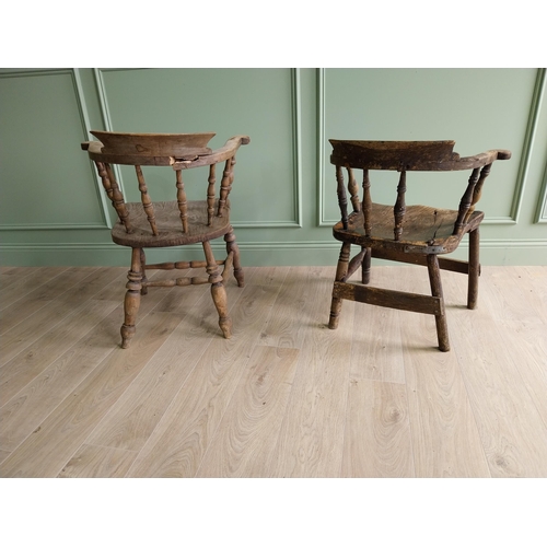 457 - Two early 20th C. ash and elm smokers bow in need of restoration {80 cm H x 70 cm W x 61 cm D and 77... 