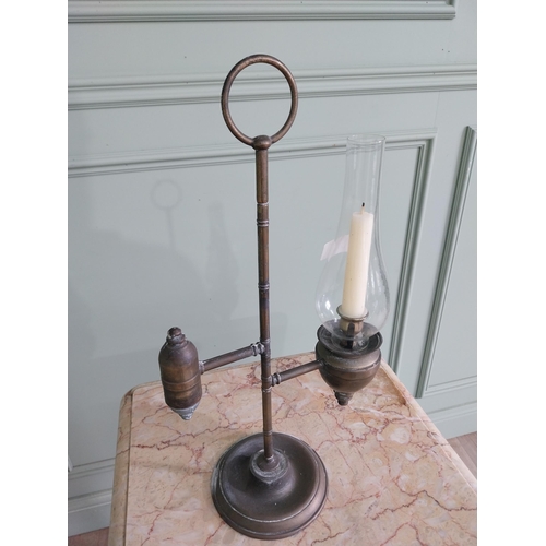 460 - Edwardian brass students lamp with glass chimney {43 cm H x 24 cm W x 13 cm D}.