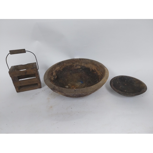 484 - Two early 19th C. wooden bowls and pine bottle carrier {14 cm H x 45 cm Dia, 6 cm H x 23 cm Dia. AND... 