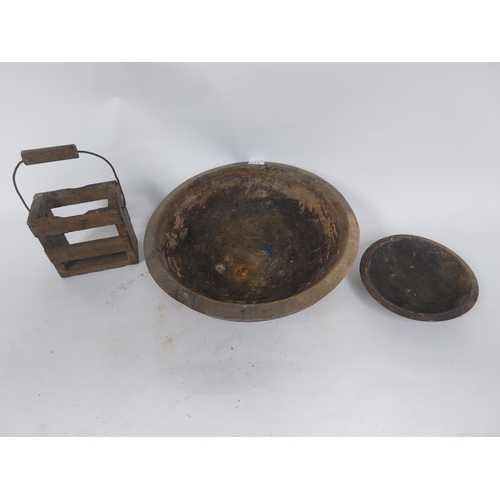 484 - Two early 19th C. wooden bowls and pine bottle carrier {14 cm H x 45 cm Dia, 6 cm H x 23 cm Dia. AND... 