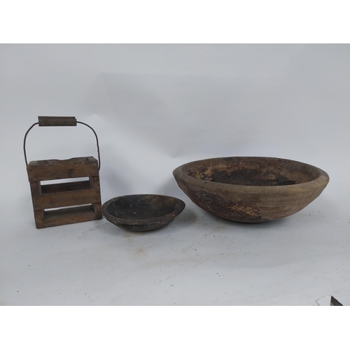 484 - Two early 19th C. wooden bowls and pine bottle carrier {14 cm H x 45 cm Dia, 6 cm H x 23 cm Dia. AND... 