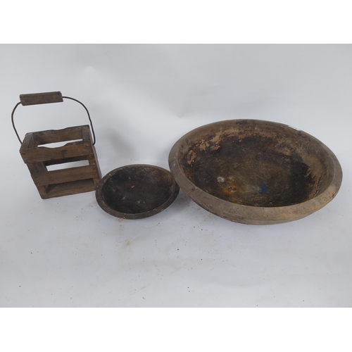 484 - Two early 19th C. wooden bowls and pine bottle carrier {14 cm H x 45 cm Dia, 6 cm H x 23 cm Dia. AND... 