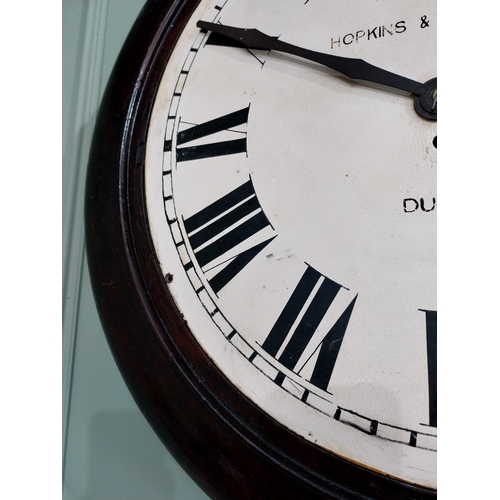 485 - 19th C. mahogany Hopkins & Hopkins of Dublin station wall clock. 61cm H X 61cm W