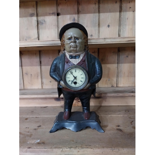 556 - John Bull cast iron painted mantle clock {43 cm H x 22 cm x 16 cm D}.