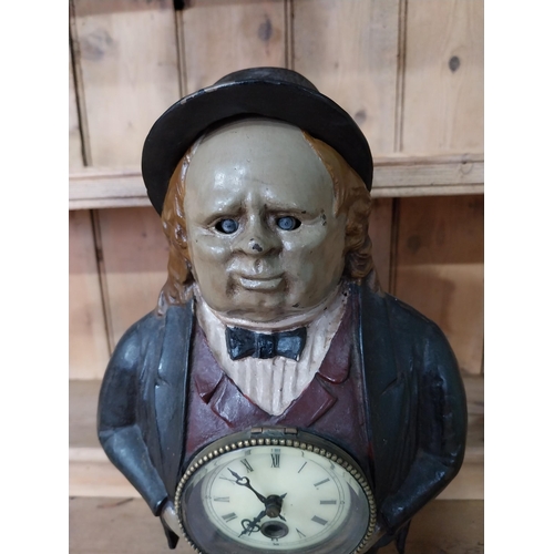 556 - John Bull cast iron painted mantle clock {43 cm H x 22 cm x 16 cm D}.