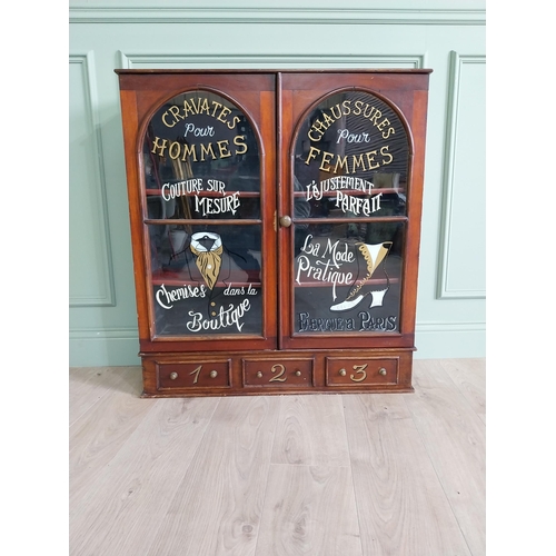 56 - Mahogany tailors glass cabinet with two glazed doors over three drawers {95 cm H x 86 cm W x 26 cm D... 