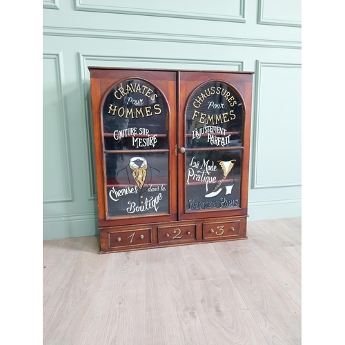 56 - Mahogany tailors glass cabinet with two glazed doors over three drawers {95 cm H x 86 cm W x 26 cm D... 