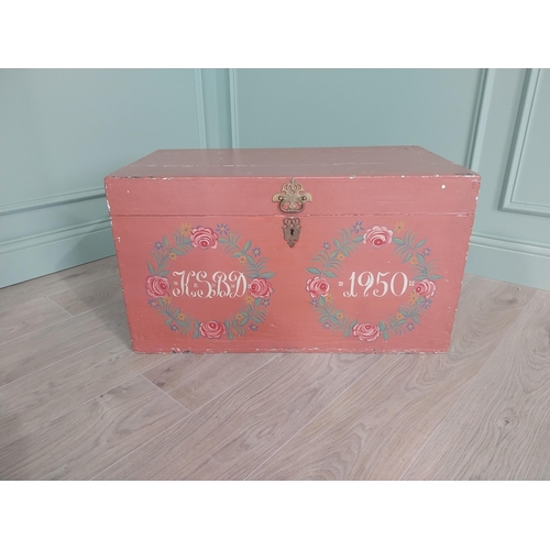 65 - 20th C. painted pine marriage chest with brass handles {42 cm H x 76 cm W x 43 cm D}. U