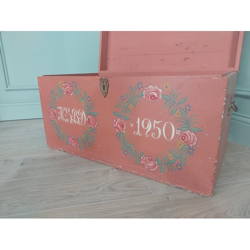 65 - 20th C. painted pine marriage chest with brass handles {42 cm H x 76 cm W x 43 cm D}. U